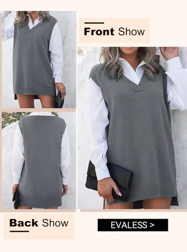 Miniatura 3 de EVLAESS - Chaleco de gran tamaño para mujer, cuello en V, sin mangas, color sólido, suéter suelto