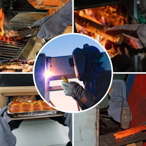 Miniatura 5 de WZQH 16 pulgadas, 932 ℉, guantes de soldadura de forja de cuero, resistentes al calor/fuego, guantes para barbacoa, horno, parrilla, chimenea, tig