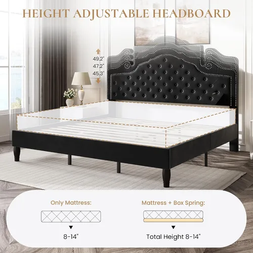 Miniatura 8 de SHA CERLIN Marco de cama tamaño completo con cabecera ajustable/Tapizado de terciopelo/Capitoné con botones de diamante y tachuelas de metal/No