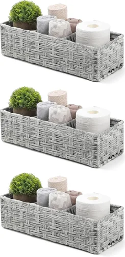 [Compartimentos más grandes] Cesta de papel para tanque de inodoro, cesta de mimbre de plástico multiusos tejida a mano con divisor para organizar,