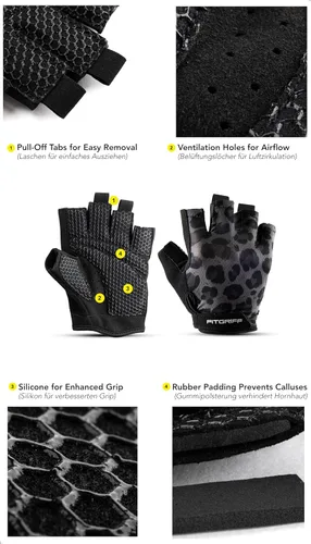 Miniatura 3 de Fitgriff® Guantes de entrenamiento (acolchados) para hombres y mujeres, guantes de gimnasio sin dedos para levantamiento de pesas, entrenamiento