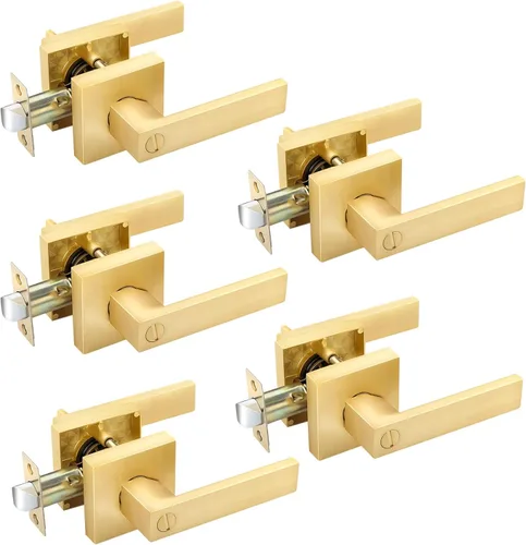 Miniatura 13 de EHOMEWARE 8 paquetes de manijas de puerta interior sin llave en acabado de latón satinado, manija de puerta de armario, palanca de puerta de paso