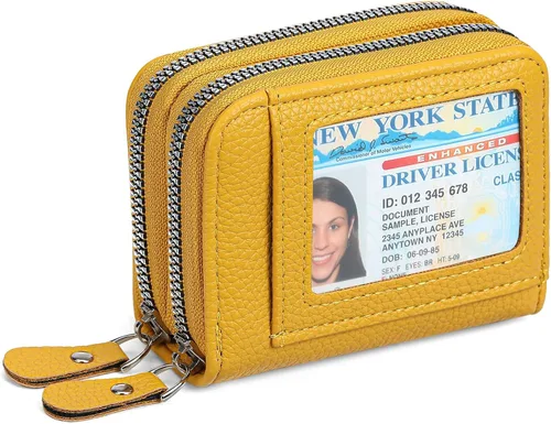 Miniatura 8 de RNIEGA Cartera pequeña de piel con bloqueo RFID para tarjetas de crédito, cartera pequeña para mujer, doble cremallera con ventana de identificación
