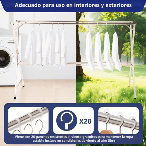 Miniatura 4 de Estante de secado de ropa plegable de 95 pulgadas, estante de secado de ropa de acero inoxidable resistente para interiores y exteriores, perchero