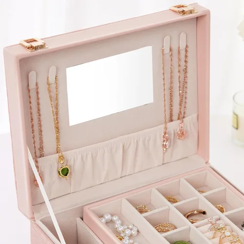 Miniatura 4 de Joyero portátil para mujeres y niñas con piel sintética, caja organizadora de aretes con espejo de maquillaje para regalos de Navidad y Año Nuevo