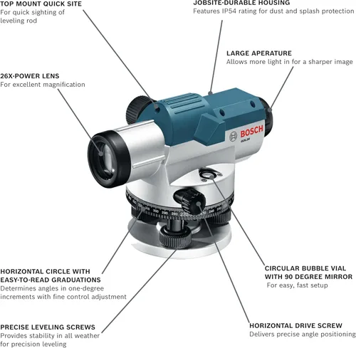 Miniatura 2 de Bosch GOL26CK 26X Kit de nivel óptico automático, incluye trípode de aluminio, varilla de nivelación, plomada, kit de herramientas y estuche