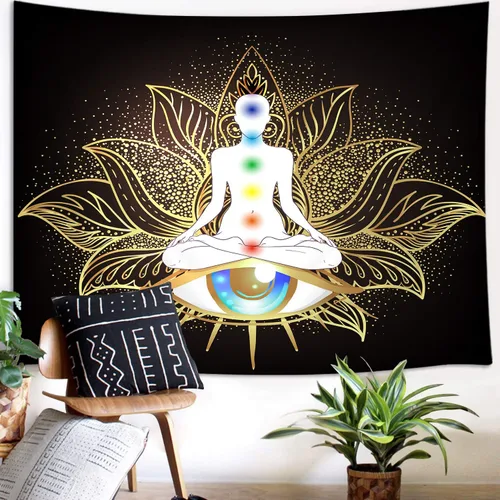 Miniatura 2 de JAWO Tapiz de meditación, decoración de yoga, pequeño tapiz para colgar en la pared para dormitorio, tapiz de loto negro dorado, póster de manta