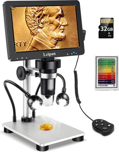 Microscopio digital LCD de 7 pulgadas 1200X, microscopio Leipan de moneda de 12 MP para adultos, microscopio 1080P con 12 diapositivas, compatible