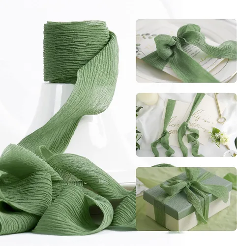 Miniatura 12 de HUIHUANG Cinta de seda arrugada de 3 pulgadas de ancho, cinta de seda verde menta, rústica teñida a mano, cinta de gasa de seda para boda, ramo