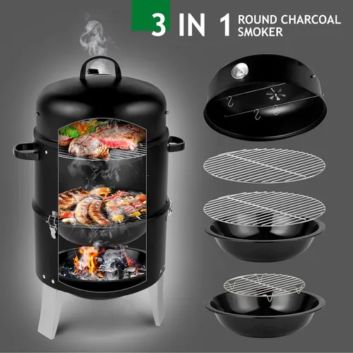 Miniatura 2 de Outvita Ahumador Vertical de Carbón de Acero de 18.5 Pulgadas, Parrilla Cocinero Portátil Resistente 3 en 1 para Exteriores con Termómetro Integrado