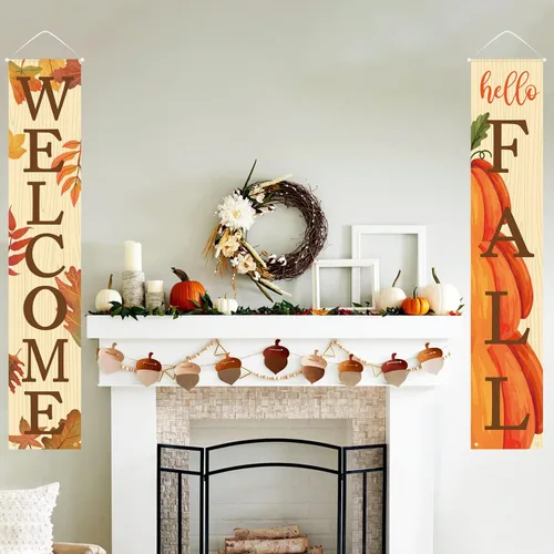 Miniatura 8 de DAZONGE Decoración de otoño, carteles de bienvenida y hola otoño para decoración de cosecha de puerta delantera, carteles colgantes para decoración