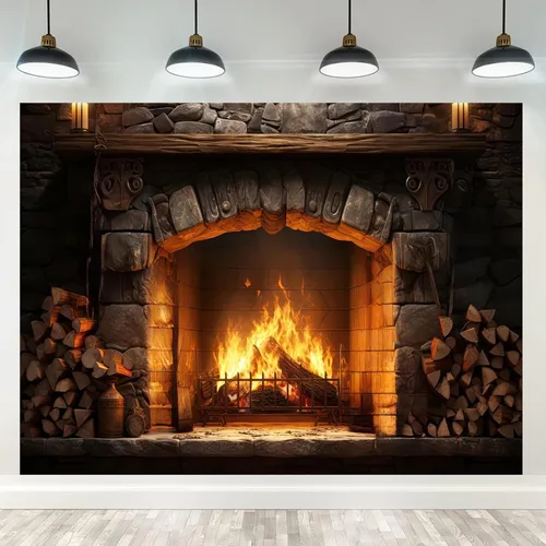 Miniatura 2 de Telón de fondo de chimenea de Navidad de 5 x 3 pies, pared de piedra vintage con llamas brillantes, fondo de fotografía para fotos familiares