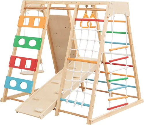 Miniatura 8 de Juego de gimnasio y parque infantil 9 en 1, juguete de escalada de madera con tobogán, columpio, red de escalada, anillos – Juego para niños