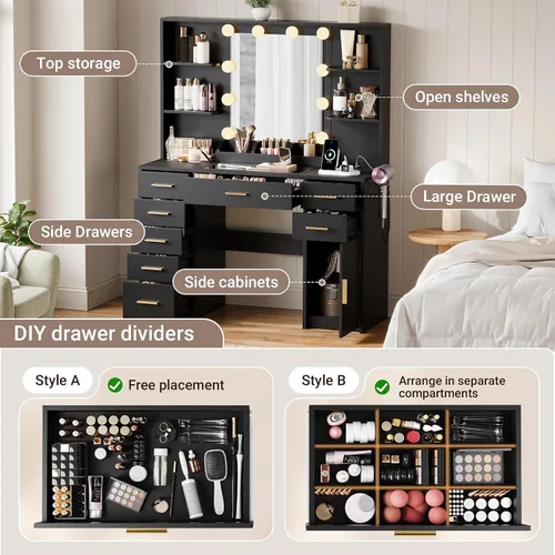 Miniatura 4 de ELYKEN Tocador Moderno con Espejo y Luces, Mesa de Maquillaje con Tablero de Vidrio y Enchufe Eléctrico, Tocador con 6 Estantes de Almacenamiento, 8