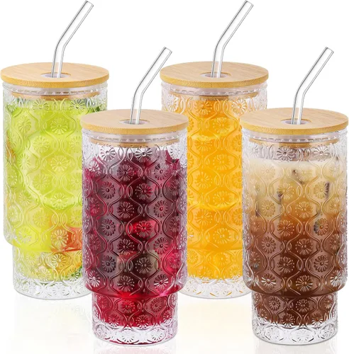 Miniatura 13 de CWHHRN Vasos de vidrio de 16 onzas con tapas y pajitas, cristalería vintage en relieve para whisky, cóctel, cerveza, taza de café helado con tapa