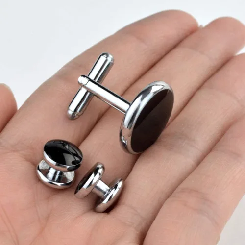 Miniatura 4 de Juego de tachuelas y gemelos de esmoquin de color negro y plateado juego de gemelos y aretes para hombre con eslabones de acero inoxidable botones