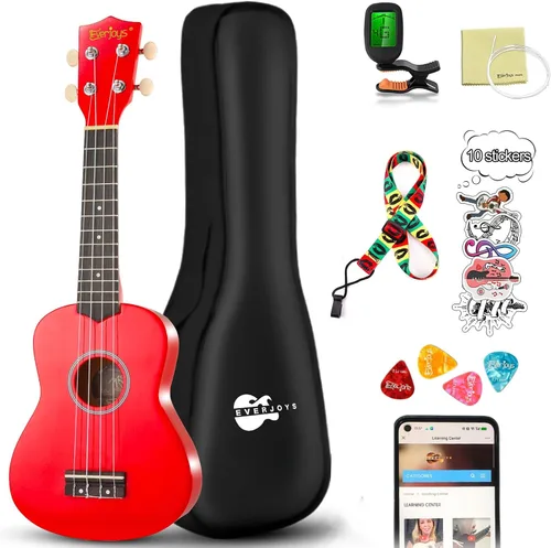 Miniatura 20 de Everjoys Paquete de ukelele soprano para principiantes de 21 pulgadas con clase en línea gratuita, bolsa de actuación, afinador digital, púas y paño