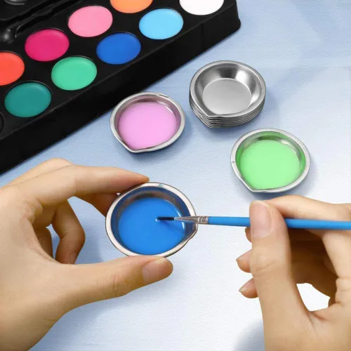 Miniatura 2 de 12 bandejas de pintura de acero inoxidable, paleta de maquillaje, acuarelas para artistas, paleta de mezcla de colores, plato redondo pequeño