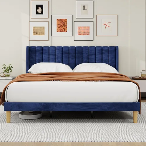 Miniatura 8 de alazyhome - Marco de cama tapizado de plataforma tamaño Queen con cabecera, soporte de listones de madera, sin ruido, fácil montaje, terciopelo beige