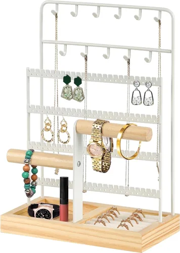Miniatura 7 de JAZUIHA Organizador de joyas con organizador de aretes, collar y pulsera, colgador de 3 niveles para exhibición de joyas y almacenamiento de aretes