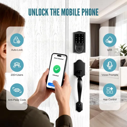 Miniatura 6 de Juego de cerraduras inteligentes para puerta delantera con huellas dactilares con asa, control remoto con aplicación WiFi integrada y guía de voz