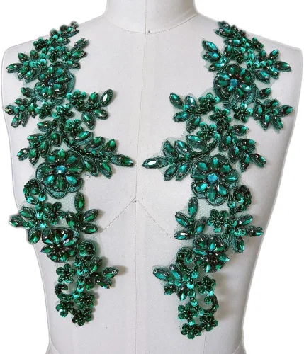 Miniatura 10 de 1 par de parches de encaje con cristales brillantes, cuentas de vidrio y piedras, para coser a mano, accesorios para decoración de vestidos de novia