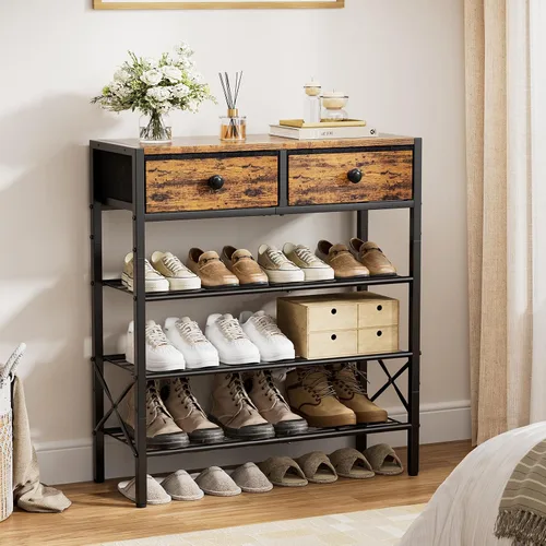 Miniatura 2 de Zapatero para entrada, organizador de zapatos de 4 niveles con 2 cajones no tejidos, estante de almacenamiento de metal para 12-16 pares de zapatos