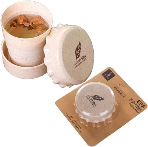 Taza de camping plegable con tapa, plegable telescópica de trigo con paja, taza de agua plegable sin BPA para viajes al aire libre, color beige