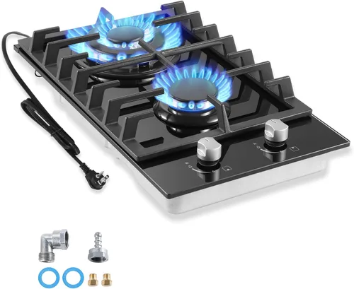 Miniatura 8 de Estufa de Gas de 2 Quemadores, Placa de Cocina de Propano de 12 Pulgadas, Placa de Cocina de Gas Empotrable de Vidrio Templado Negro con Protección