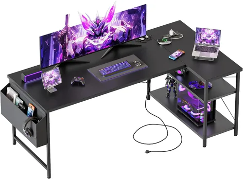 Miniatura 23 de Mericonia Escritorio pequeño en forma de L para computadora con tomas de corriente, escritorio de juegos para espacios pequeños, escritorio