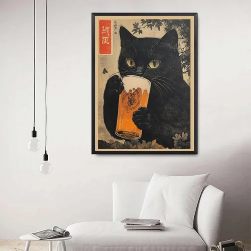 Miniatura 5 de SENLYCH Póster de pintura en lienzo e impresión vintage de gato negro con cerveza, impresión de arte japonés, gato negro bebiendo cerveza, póster