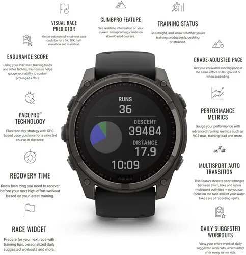 Miniatura 5 de Garmin Fenix 8 AMOLED Premium Multisport GPS Smartwatch gris pizarra con banda de silicona negra, linterna LED incorporada, paquete de reloj