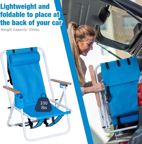 Miniatura 7 de Outvita Silla de playa plegable con reposacabezas ajustable de 4 ángulos de inclinación flexibles, con soporte para tazas, portátil, de alta Azul