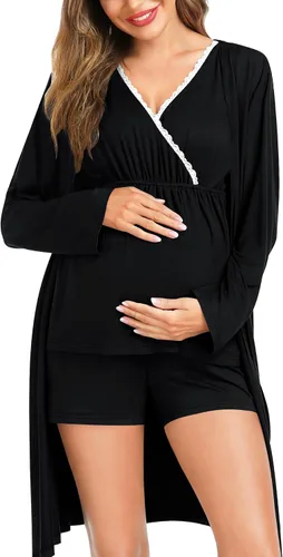 SWOMOG Conjunto de pijama de maternidad para mujer con bata de 3 piezas, ropa de dormir sin mangas y pantalones cortos para embarazo