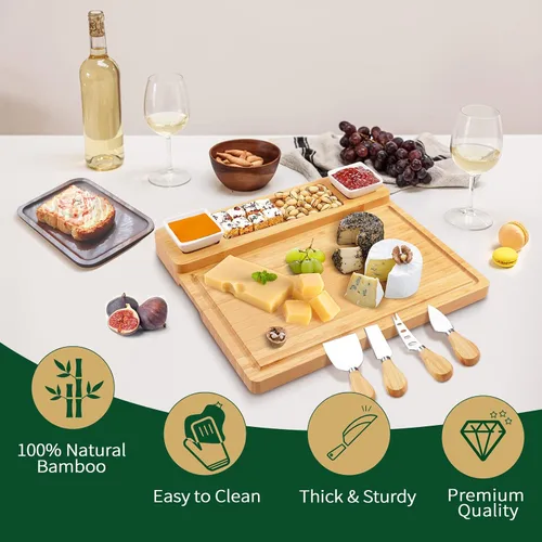 Miniatura 2 de Juego de tablas de embutidos y cuchillos - Tabla de queso de bambú - Bandeja de queso, carne y vino - Regalos únicos para inauguración de casa