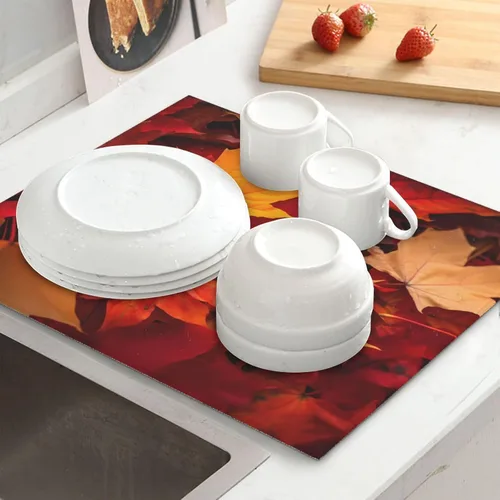 Miniatura 5 de Tapete de secado de platos de hojas de otoño para encimeras de 18 x 16 pulgadas, almohadilla protectora para escurridor de platos con lazo