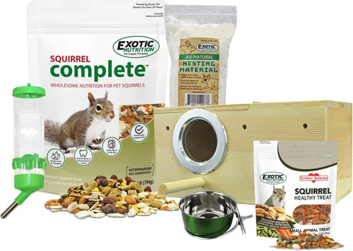 Exotic Nutrition Paquete de inicio para ardillas – Incluye comida saludable, caja nido, material de anidación, tratamiento natural, botella de agua
