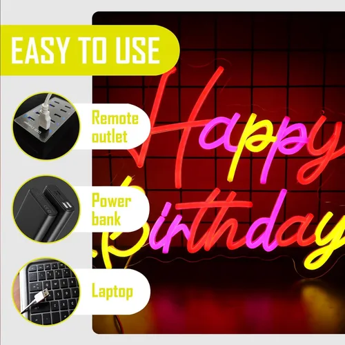 Miniatura 4 de Letreros de neón de feliz cumpleaños para decoración de pared, luz de neón LED para dormitorio, decoración de fiesta de cumpleaños de Navidad