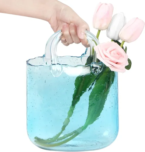Florero único para flores, jarrones azules hechos a mano con burbujas de vidrio grueso con color degradado para decoración del hogar. Gran florero