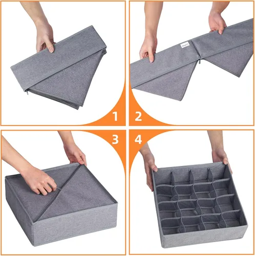 Miniatura 7 de Criusia Paquete de 3 organizadores para separar la ropa interior y los calcetines, organizadores de cajones con 64 celdas, organizadores de tela Gris