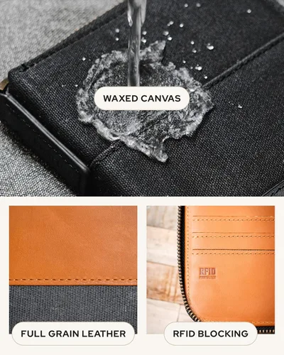 Miniatura 4 de LOCTOTE Soporte para pasaporte RFID Cuero de grano completo y lona de cera impermeable Cartera de pasaporte de viaje Cartera de cuero