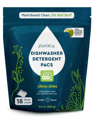 Puracy Dishwasher Pods, Detergente natural para lavavajillas, pastillas para platos Free & Clear - Impulsadas por enzimas, libres de manchas y