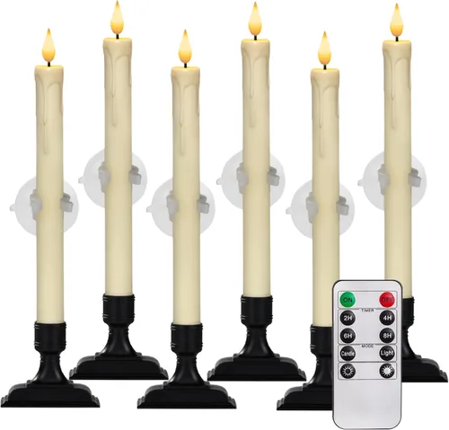 Homemory 6 Piezas Velas de Ventana con Control Remoto Temporizador Regulador, Velas de Navidad para Ventana a Pilas, Vela Cónica Sin Llama Color