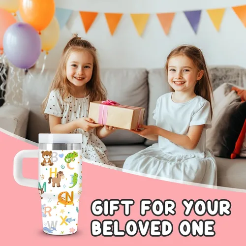 Miniatura 7 de Vaso de 405 ml para niños con alfabeto de animales con asa, popote y tapa, vaso aislado de acero inoxidable, cosas con letras del abecedario