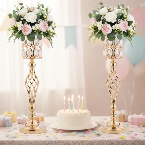 Miniatura 4 de Jarrones de cristal para centros de mesa de boda, juego de 2 jarrones dorados de metal, versátiles soportes para flores de 24 pulgadas de alto