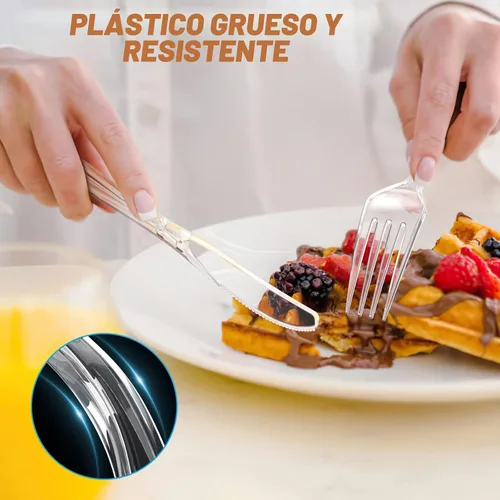 Miniatura 4 de Juego de 360 piezas de cubiertos de plástico plateado resistente, 120 tenedores, 120 cucharas, 120 cuchillos, cubiertos desechables plateados