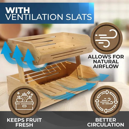 Miniatura 7 de Cesta de frutas de bambú de 2 niveles para encimera de cocina con ganchos para colgar plátanos, soporte de fruta de madera para encimera de cocina