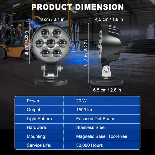 Miniatura 6 de Luz de seguridad LED para montacargas azul con foco y montaje magnético, voltaje amplio DC10–80V, IP68 impermeable, carcasa de aluminio, advertencia