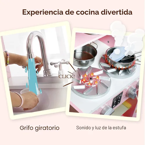 Miniatura 3 de Cocina de madera para niños pequeños y niños con luces y sonidos, gran juego interactivo con máquina de hielo, estufa, fregadero, horno, 12