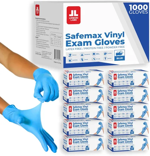 London Labs Guantes de examen de vinilo sintético, sin polvo, sin látex, desechables, ultra fuertes, seguros para alimentos, cuidado de la salud,